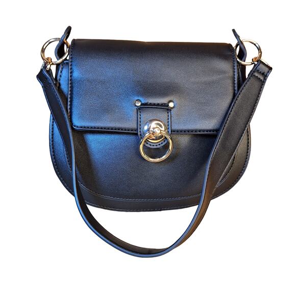 Badgley Mischka shoulder strap saddle bag faux leather black o ring trendy purse - Picture 4 of 7